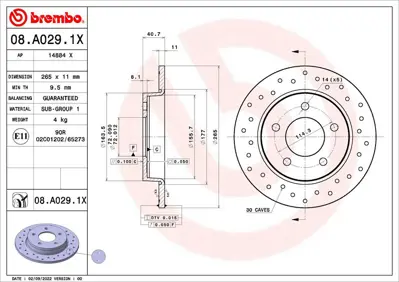 BREMBO 08A0291X Arka Fren Diski Dolu Tip - Kaplamalı - Delikli M BP4Y26251D C24Y26251C C24Y26251D