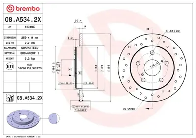 BREMBO 08A5342X Arka Fren Diski Dolu Tip - Kaplamalı - Delikli T 4243102190 4243112260