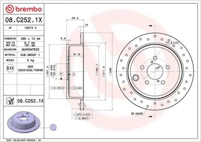 BREMBO 08C2521X Fren Diski-arka- 286.0 -10.0-8.5 Mm  26700FG000 SU00300639 26700AJ00A
