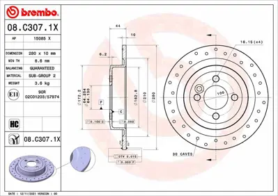 BREMBO 08C3071X Fren Diski Mını Mını R56 11/05-01/14-MINI Mını C 34216784389