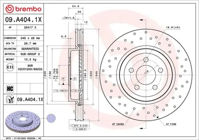 BREMBO 09A4041X Fren Diski Chrysler Bbdc 300C 10-06-01-12 - Chry K04779197AF K05154118AC 04779197AA