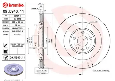 BREMBO 09D94011 Fren Diski Porsche Macan 95B 02/14-GT 95B615601 95B615601D