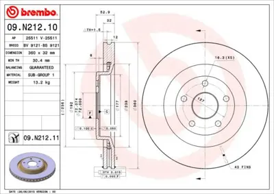 BREMBO 09N21211 Fren Dıskı On Uv Coated Jeep 5290733AA