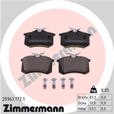 ZIMMERMANN 20961.172.1 Arka Balata Fluence-megane II-III-P207-P308-P307-P 1J0698451P 440605713R 1623180580