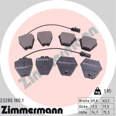 ZIMMERMANN 23280.180.1 Disk Balata Ön AUDI-A4 B5 8D2-A4 B5 Avant 8D5- 4B0698151D 4B0698151L 4B0698151S