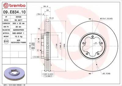 BREMBO 09.E834.10 Fren Dıskı Ford Transıt Custom 18 AND7352 BK211125EA MDC3002C 2171541 355133791 178027 2168836 BDS1624 92327303 8DD355133791