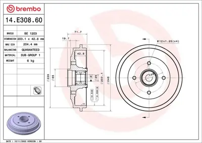 BREMBO  14E30860 Arka Fren Kampanası Rulmanlı C2-C3-C3 II-C3-P206 424746 251907 329716J DB4310 700363 94026600 709500 MBD304 DRM9922 BT1025